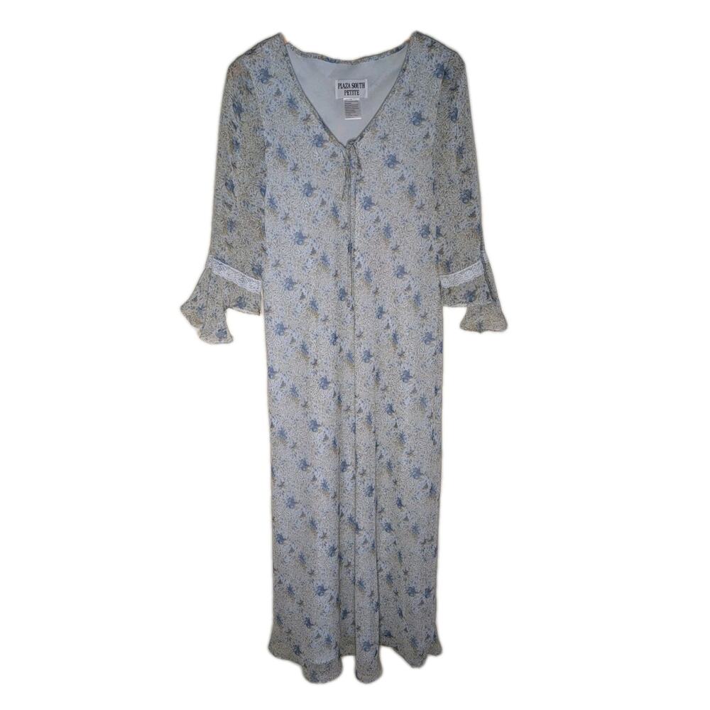 Plaza South Petite Floral Nightgown Dress 14P Blue White Lace Trim Long‎ cottage